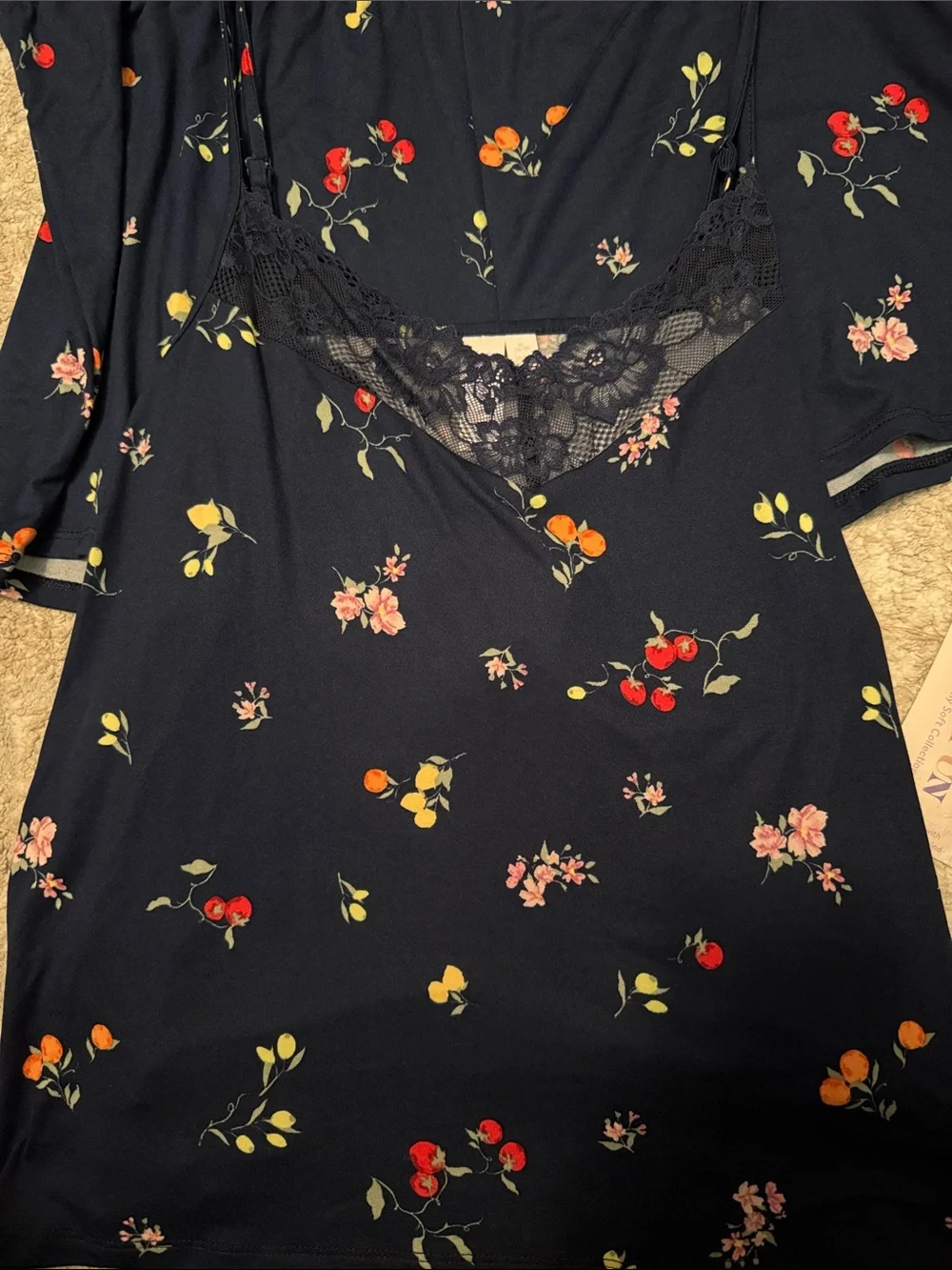 Joyspun Floral Lace-Trim Navy Pajama top with Matching Shorts size XL-NWT